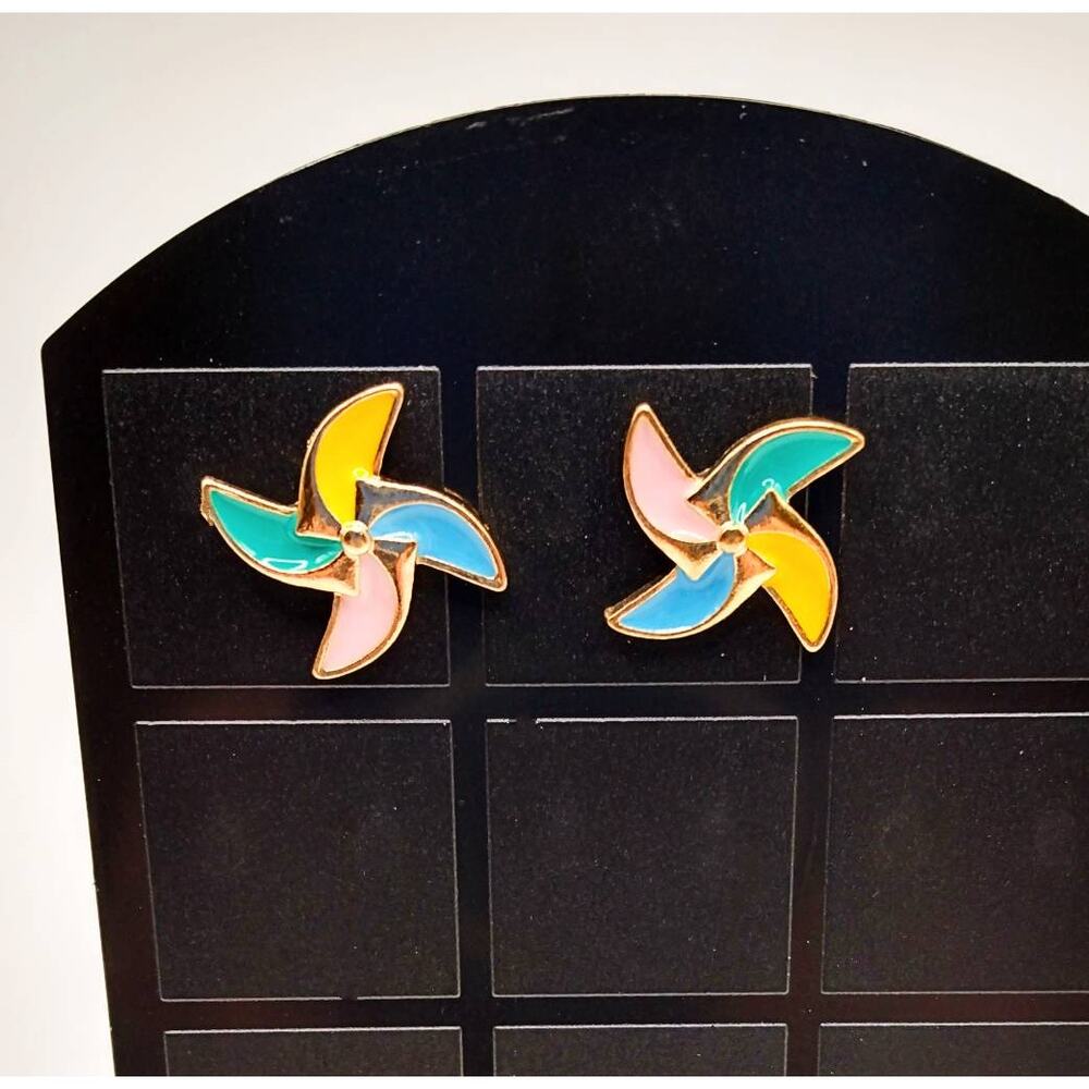 Pinwheel Stud Earrings Gold Stainless Steel Enamel Cute